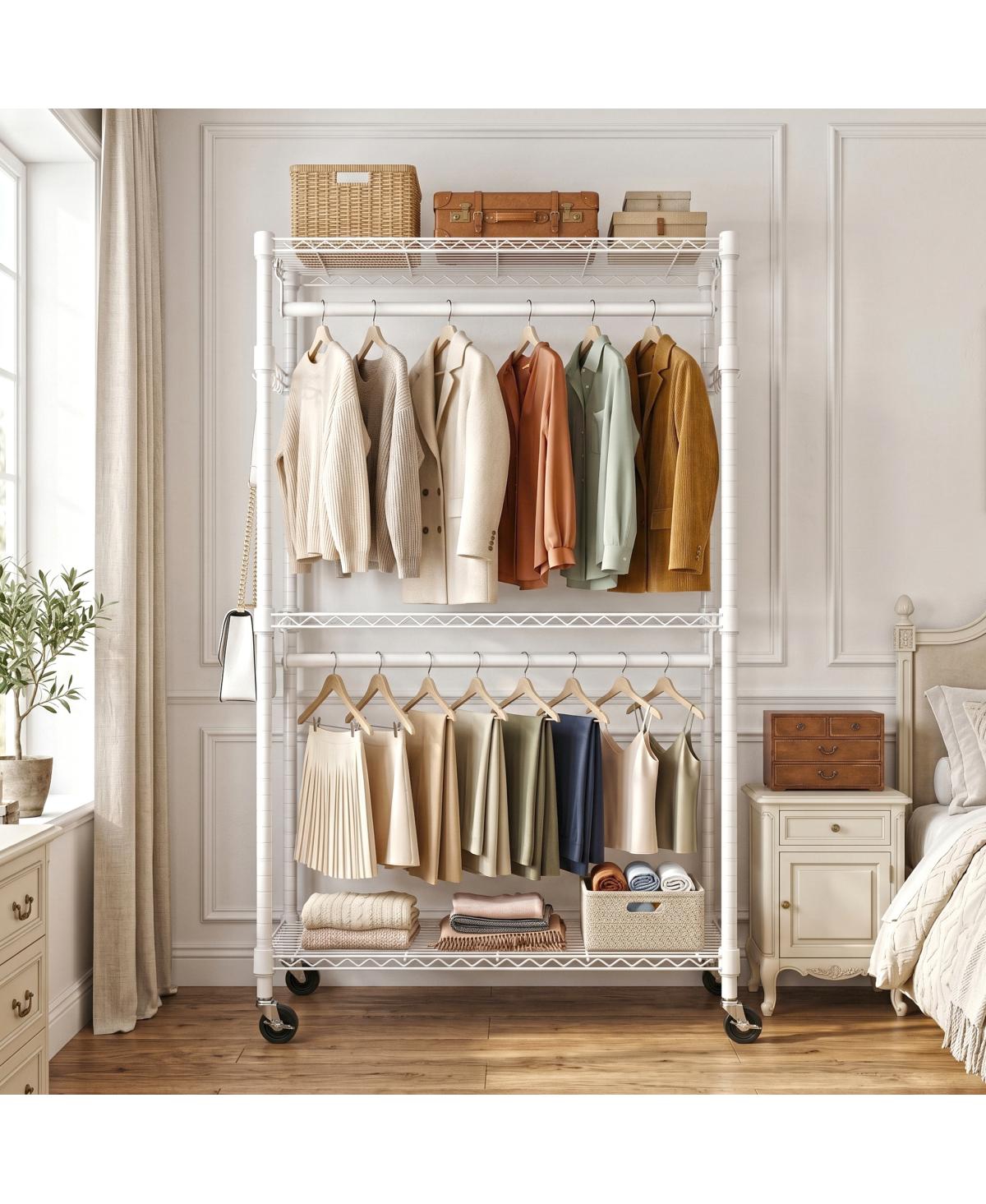 Streamdale Furniture Heavy Duty 3-Tier Adjustable Rolling Garment Rack with 2 Rods and Hooks