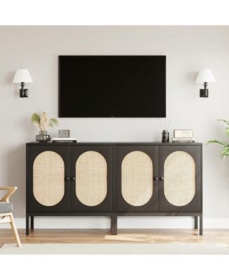 Sideboard Buffet Cabinet Set of 2, Rattan-Style Storage Cabinets with Adjustable Shelves, for Dining Room, Kitchen and Living Room