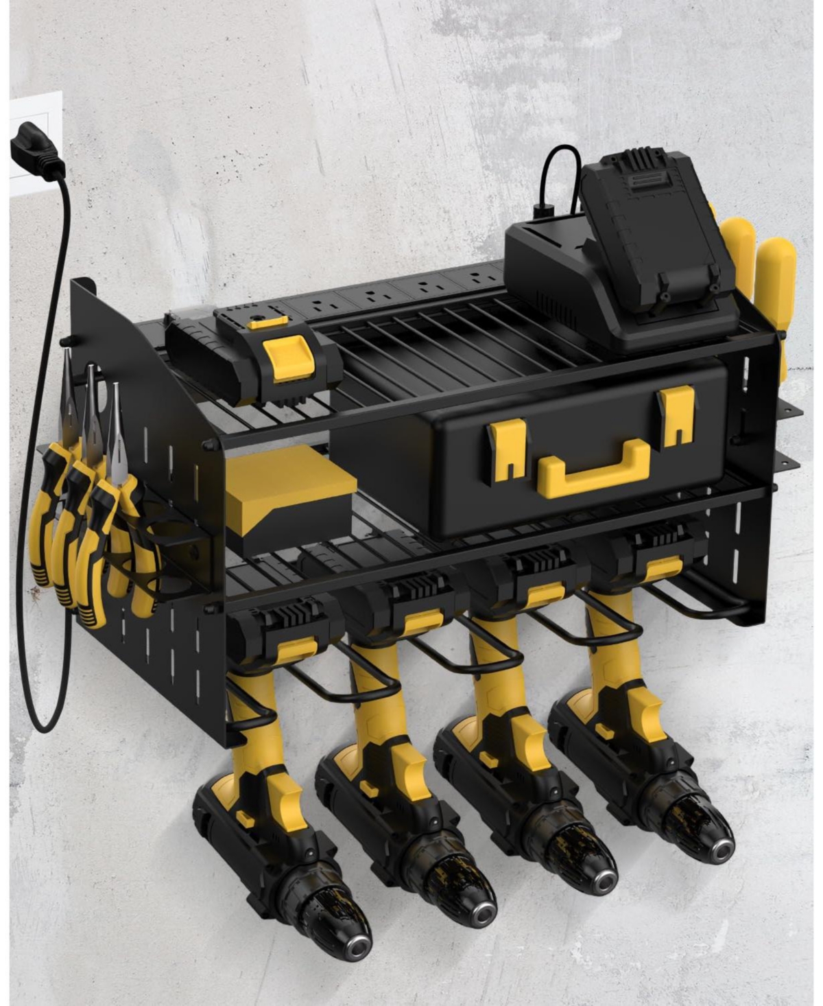 Xdovet Power Tool Charging Station Wall Mount Organizer Drill Rack Holder 6AC Outlets Metal Panels
