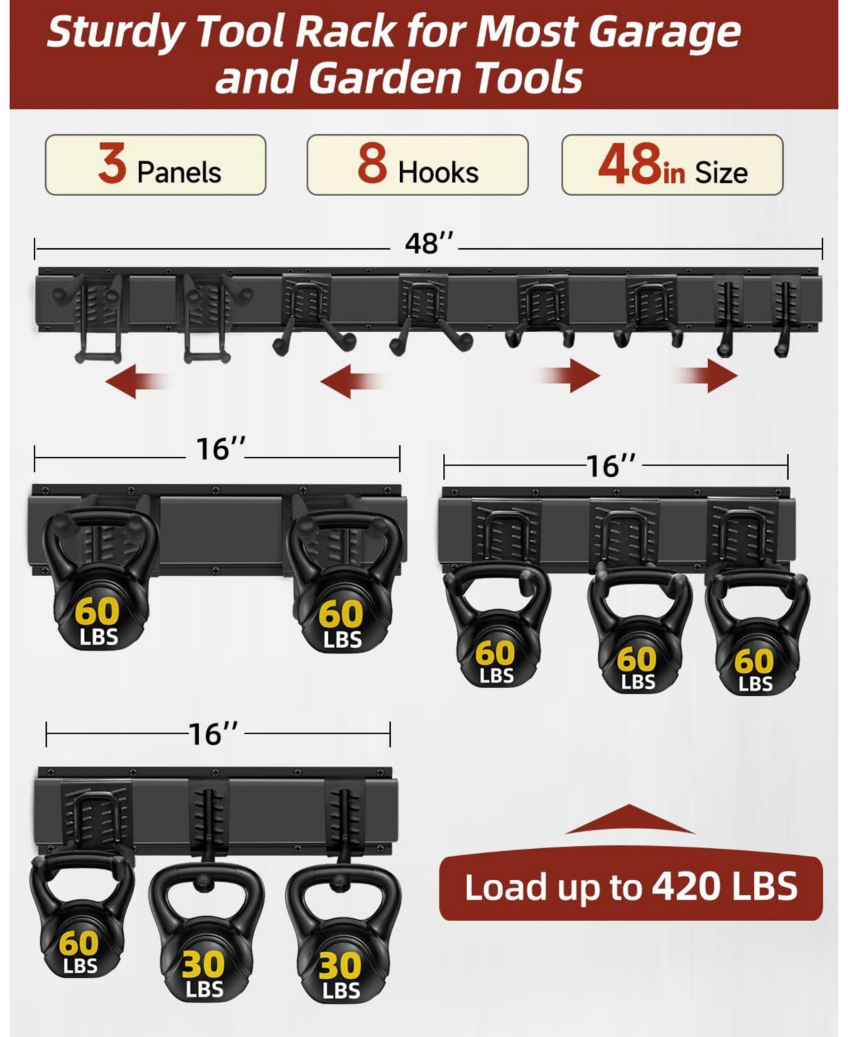 Xdovet Wall mounted tool storage rack with hooks suitable for gardening tools ladders and shovels
