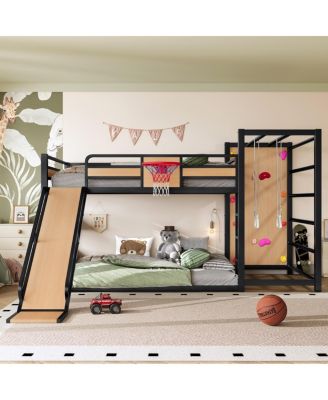  Full Size Metal Loft Bed with Basketball Hoop Climbing Wall Slide and Shelves