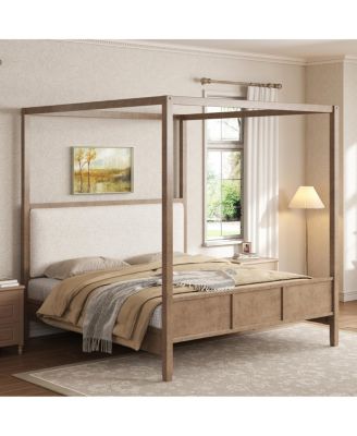  Queen Wooden Canopy Platform Bed with Upholstered Headboard