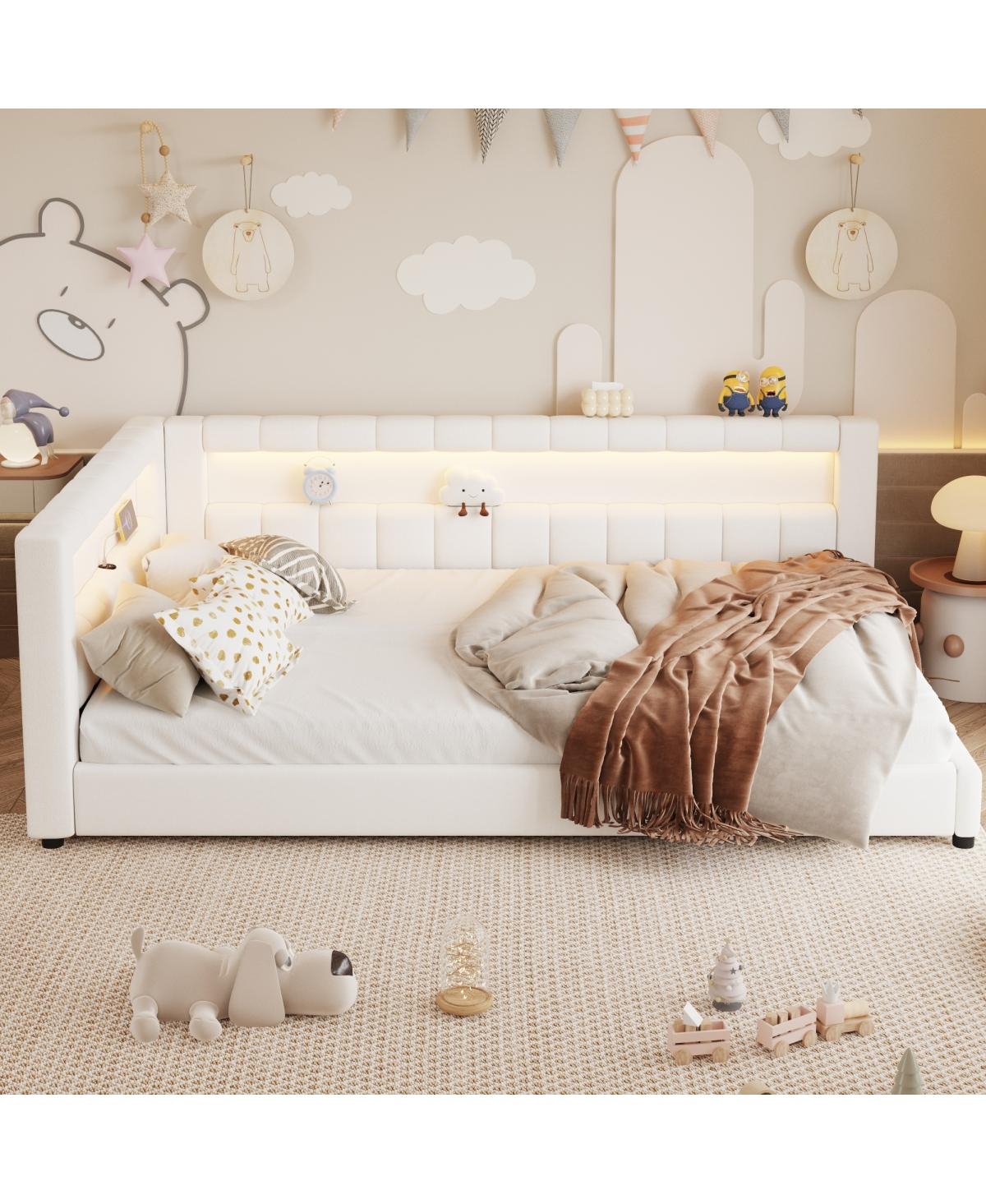 Streamdale Furniture Upholstered Platform Bed with Usb Ports and Led Belt Cream