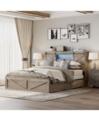Farmhouse Queen Bed Frame with LED Lights Charging Station and Storage Drawers