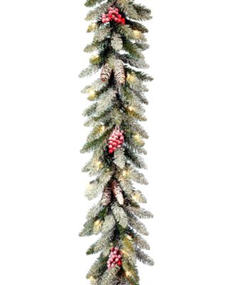 National Tree Company - Dunhill Fir Garland with Snow, Red Berries, Cones and 50 Clear Lights