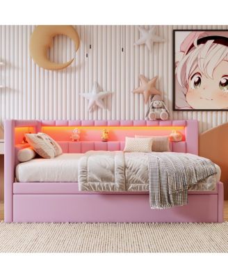  Full Size Upholstered Platform Bed with LED USB Ports and Trundle