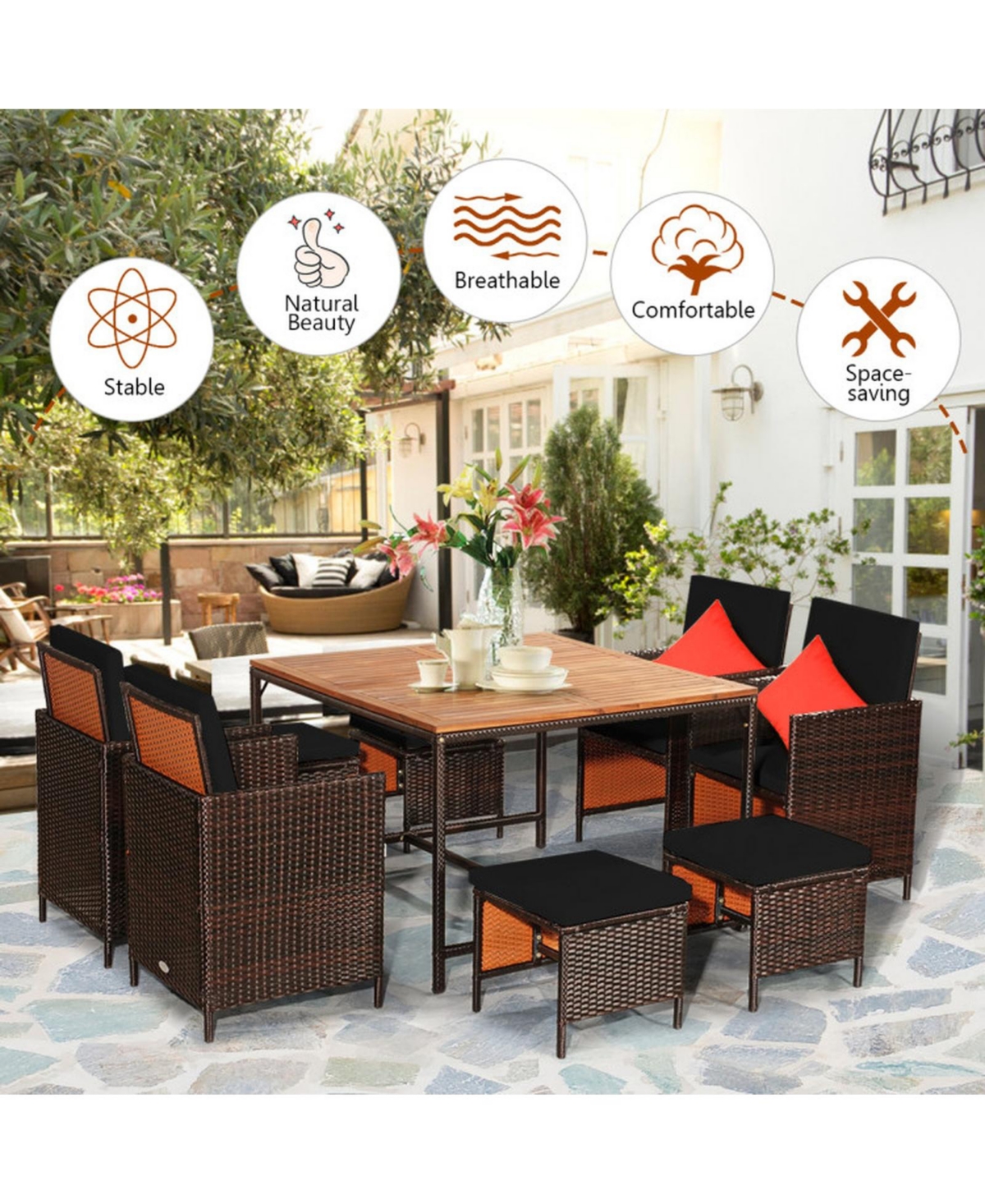Gouun 9-Piece Wicker Patio Dining Set with Square Table, 4 Armchairs and 4 Ottomans