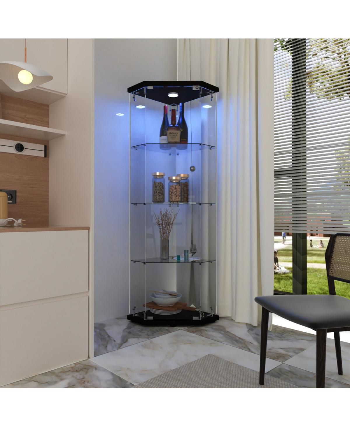 Streamdale Furniture Pentagon Glass Display Cabinet with 4 Shelves and Led Lights