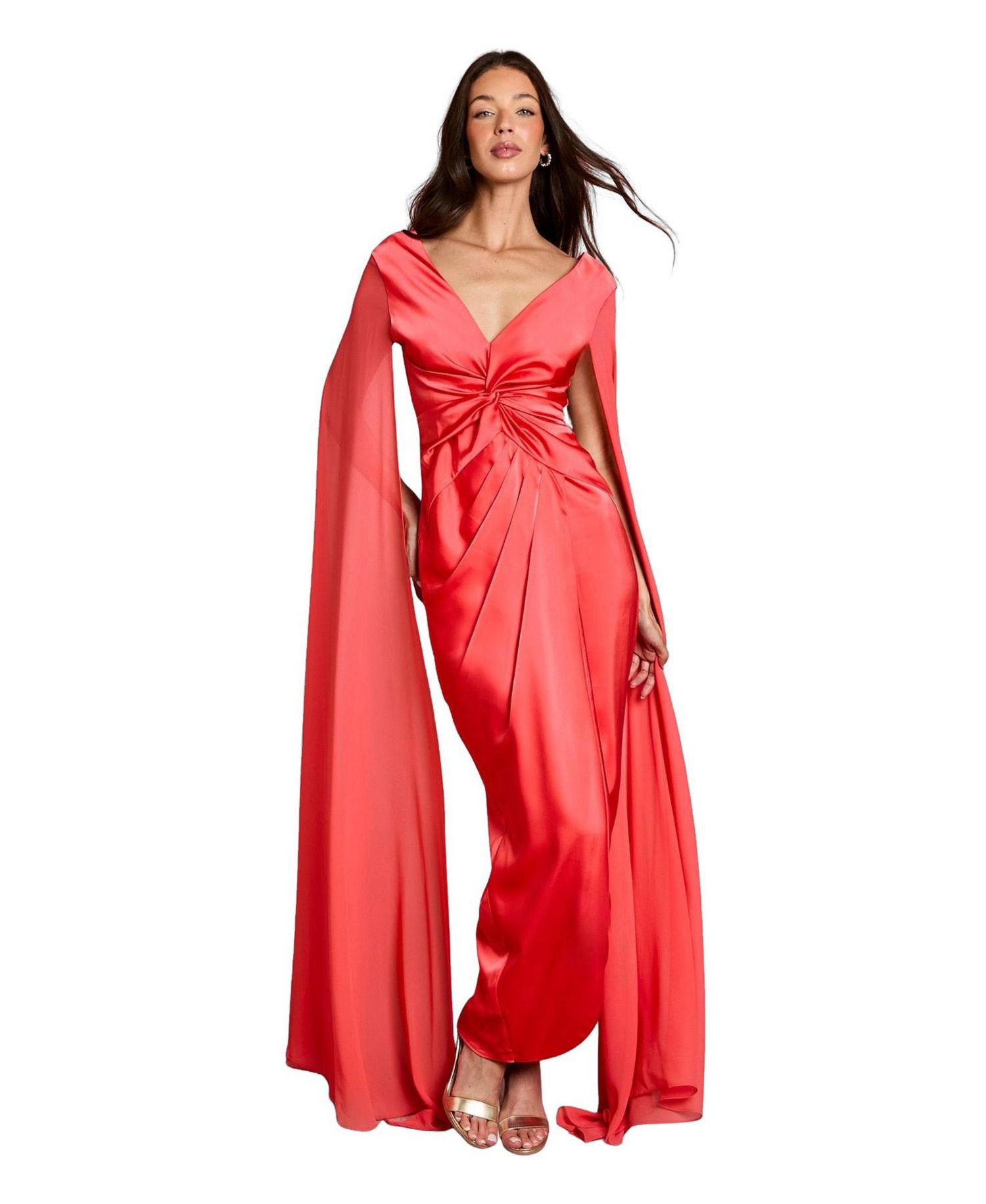 Women's Cape Sleeve V-Neck Satin Maxi Dress