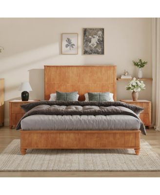  Solid Wood Queen Platform Bed Frame with Tall Headboard No Box Spring Needed