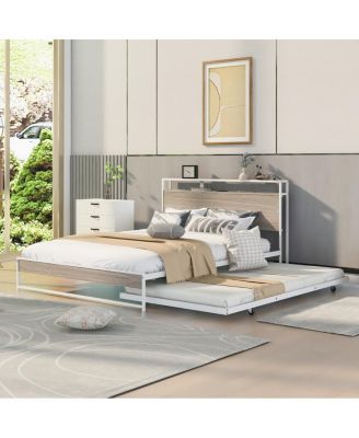  Queen Metal Platform Bed Frame with Trundle USB Ports and Slat Support