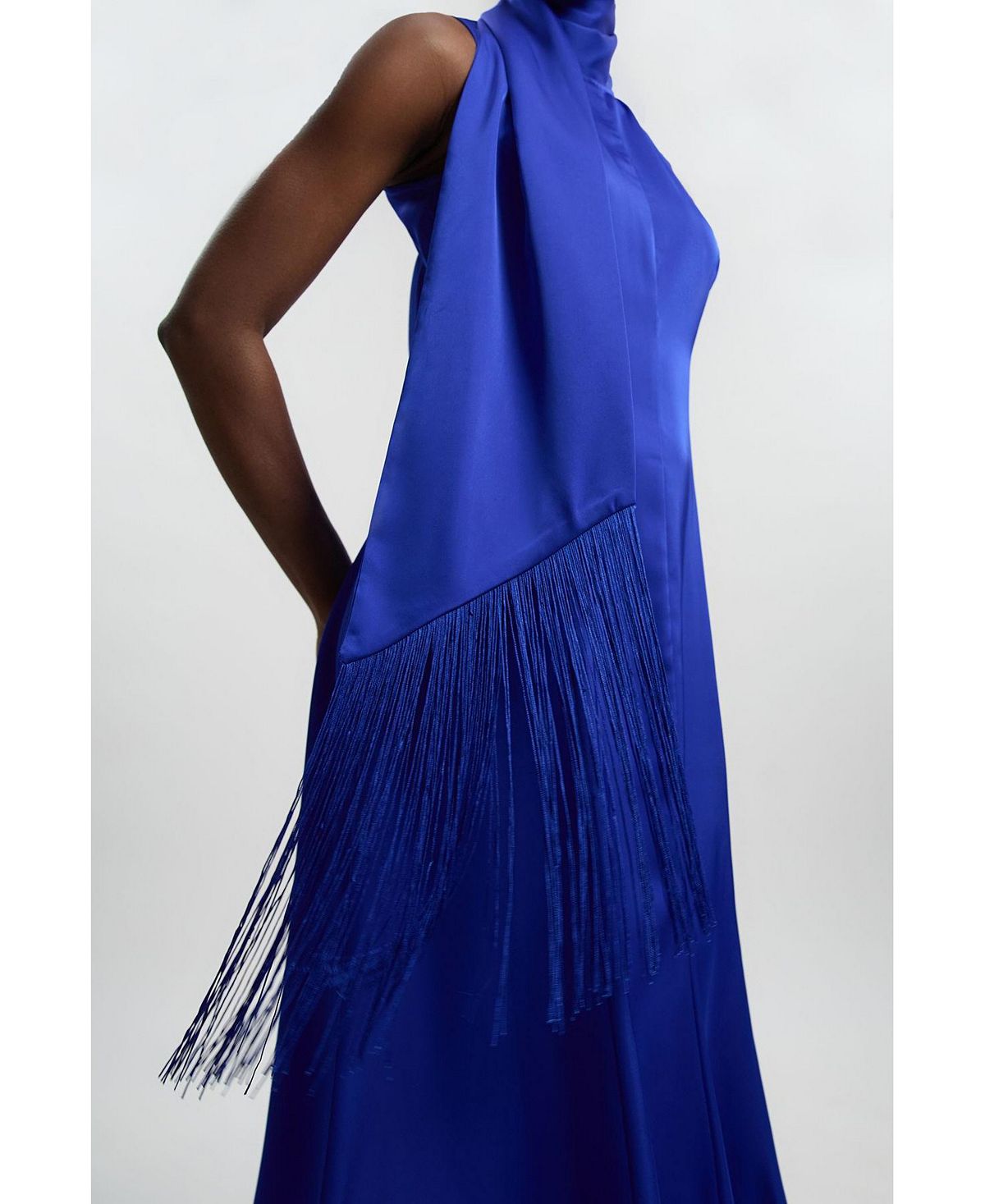 Karen Millen Women's Satin Cowl Neck Scarf Fringe Maxi Dress view 5 — MAYCSS fashion products