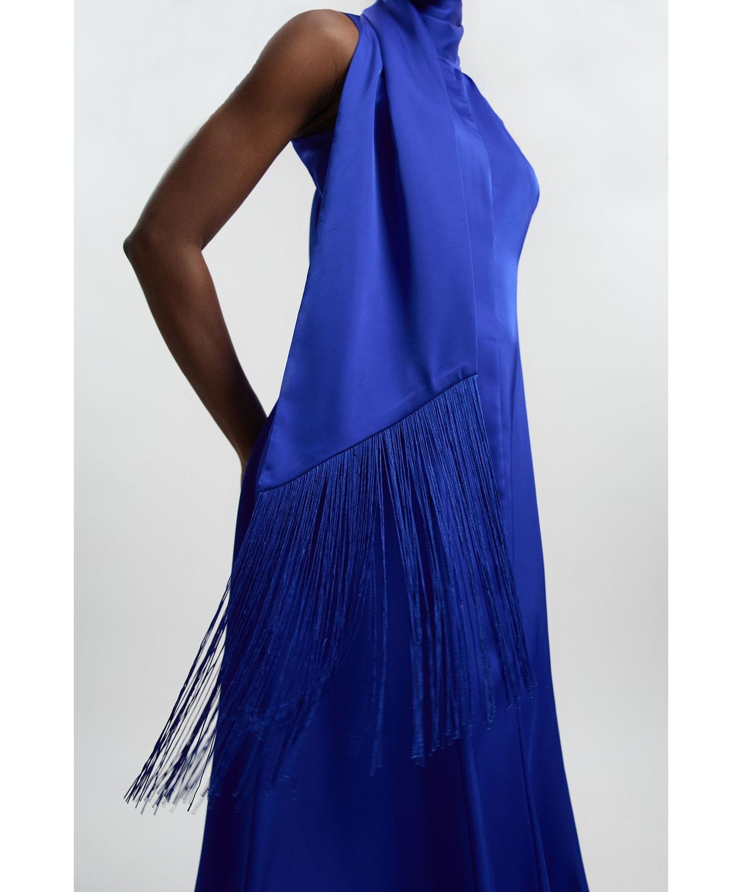 Women's Satin Cowl Neck Scarf Fringe Maxi Dress