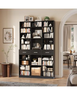75" Tall Bookcase with Drawers, 9-Tier Adjustable Shelves, Farmhouse Wood Bookshelf for Living Room and Office