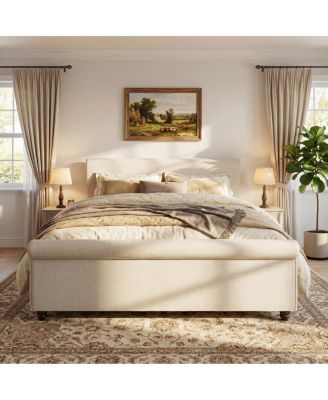 King Size Upholstered Linen Bed Frame with Thick Headboard
