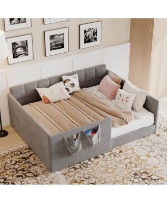  Velvet Upholstered Full Size Daybed with Side Storage Pockets