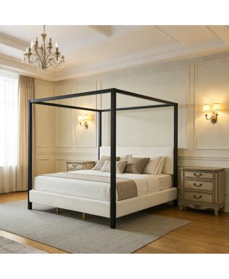  Modern Metal Canopy Bed with Plush Boucle Upholstery King