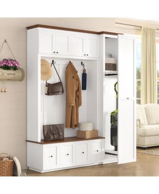 5-in-1 Farmhouse Hall Tree with Storage Bench Coat Rack and Shoe Cabinets
