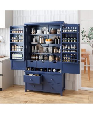Freestanding Large Wooden Kitchen Pantry Cabinet with Storage and Wine Racks