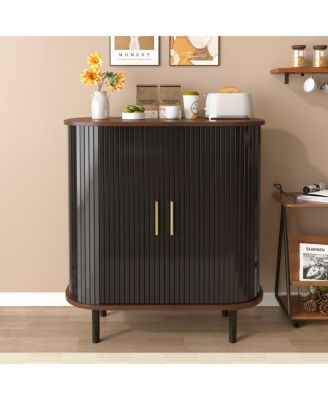 28'' Fluted Wine Bar Cabinet with Storage Adjustable Shelves and Tambour Doors