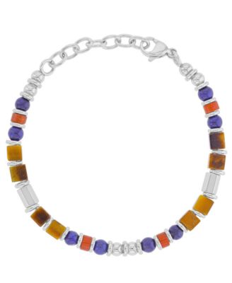 Men's Platinum-Plated Steel Lapis Tiger Eye Marble Bracelet