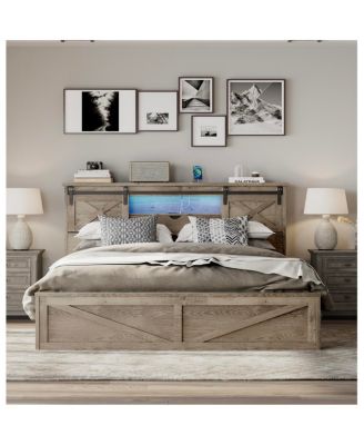 Farmhouse King Bed Frame with LED Lights Charging Station and Storage Drawers