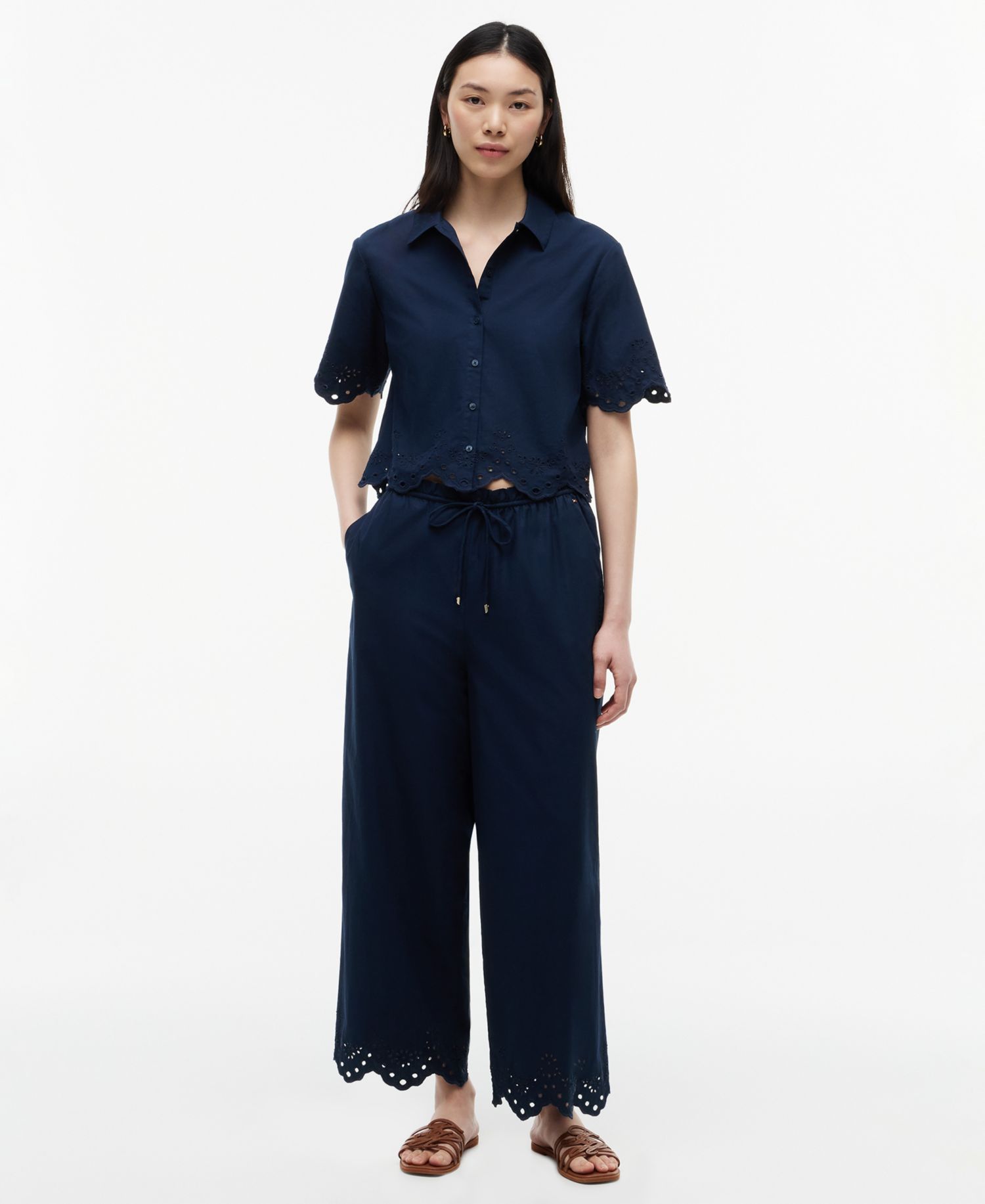 Women's Cotton Broderie Straight-Leg Ankle Pants