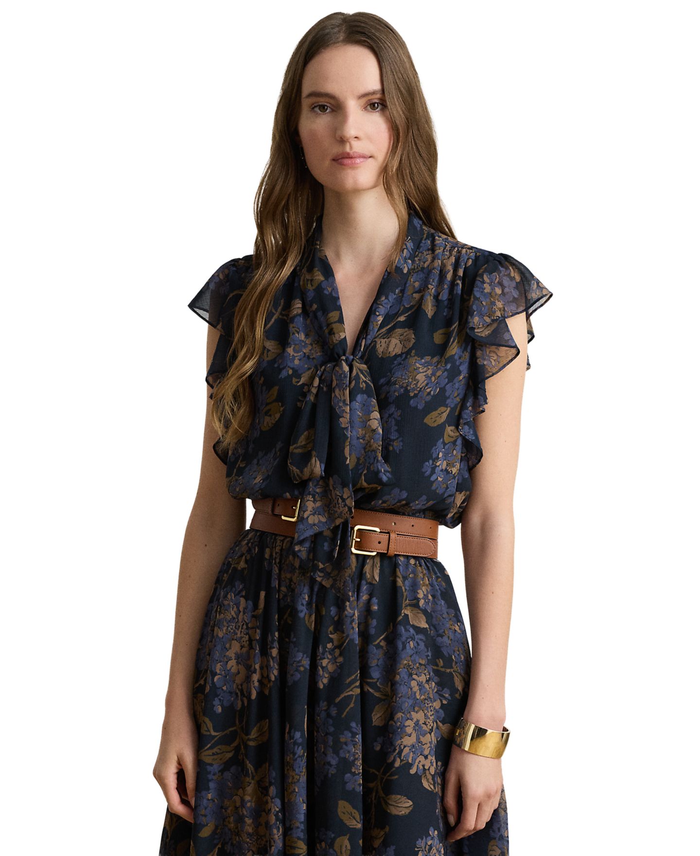 Женское платье Lauren Ralph Lauren Petite Floral Crinkle Georgette Tie-Neck Midi, цвет: Тёмно-синий разноцветный — фото 2