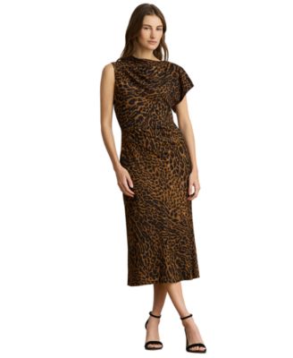 Petite Asymmetrical Neck Ocelot-Print Pleated Crepe Dress