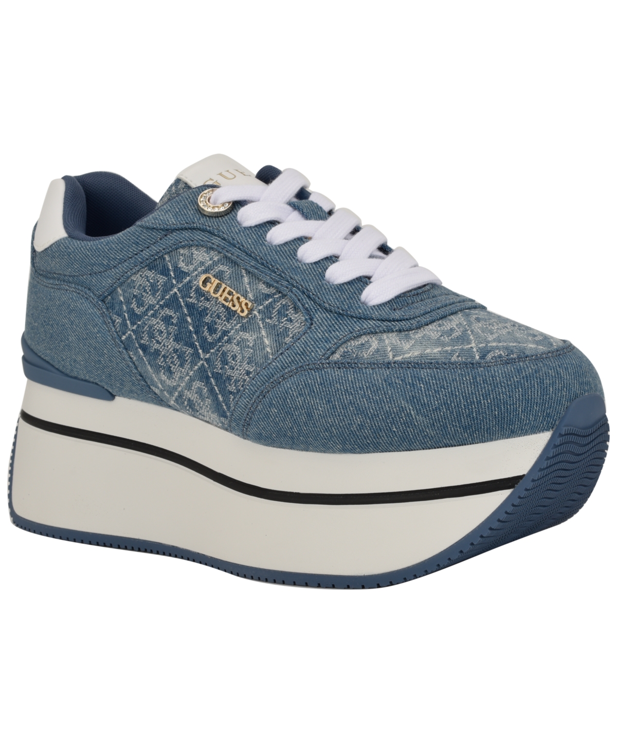 Guess Women's Camrio Casual Double Platform Lace Up Sneakers In Medium Blue Denim Logo