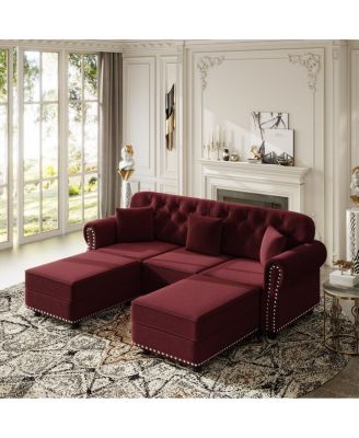 82.6'' Velvet Chesterfield Sofa with Nailhead Trim and 3 Pillows