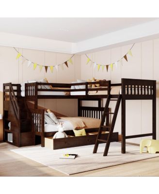 Twin over Full L-Shaped Bunk Bed With 3 Drawers Ladder and Staircase