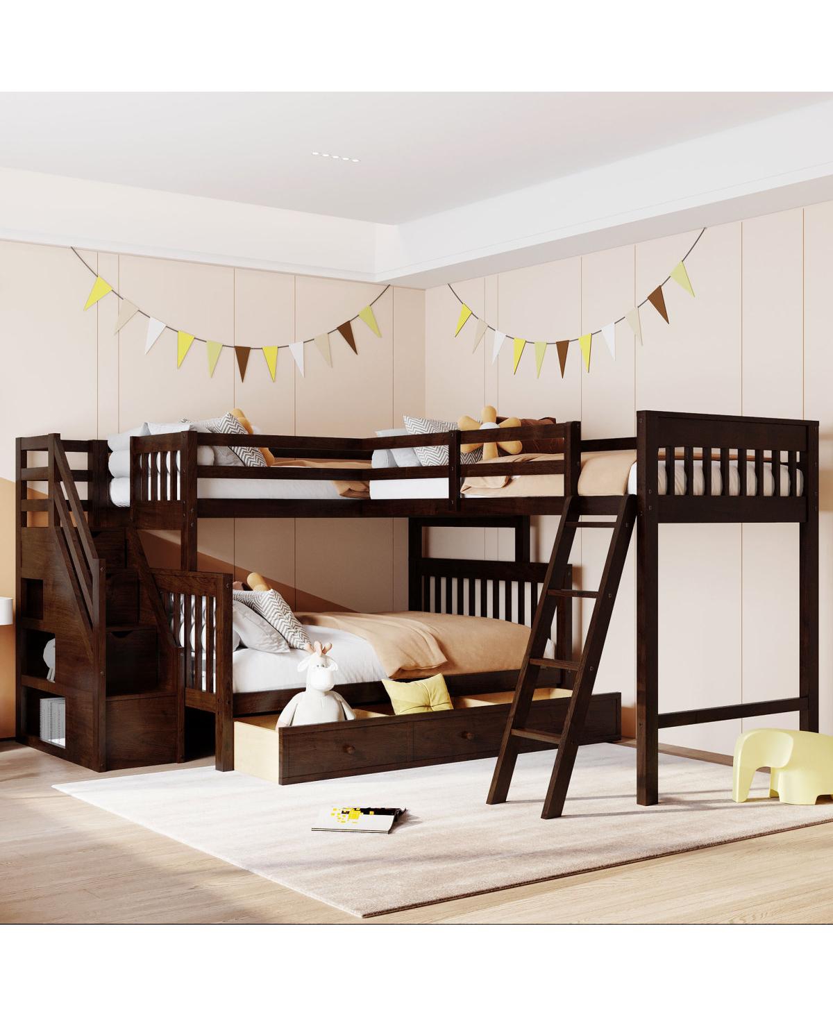 Streamdale Furniture Twin over Full L-Shaped Bunk Bed With 3 Drawers Ladder and Staircase