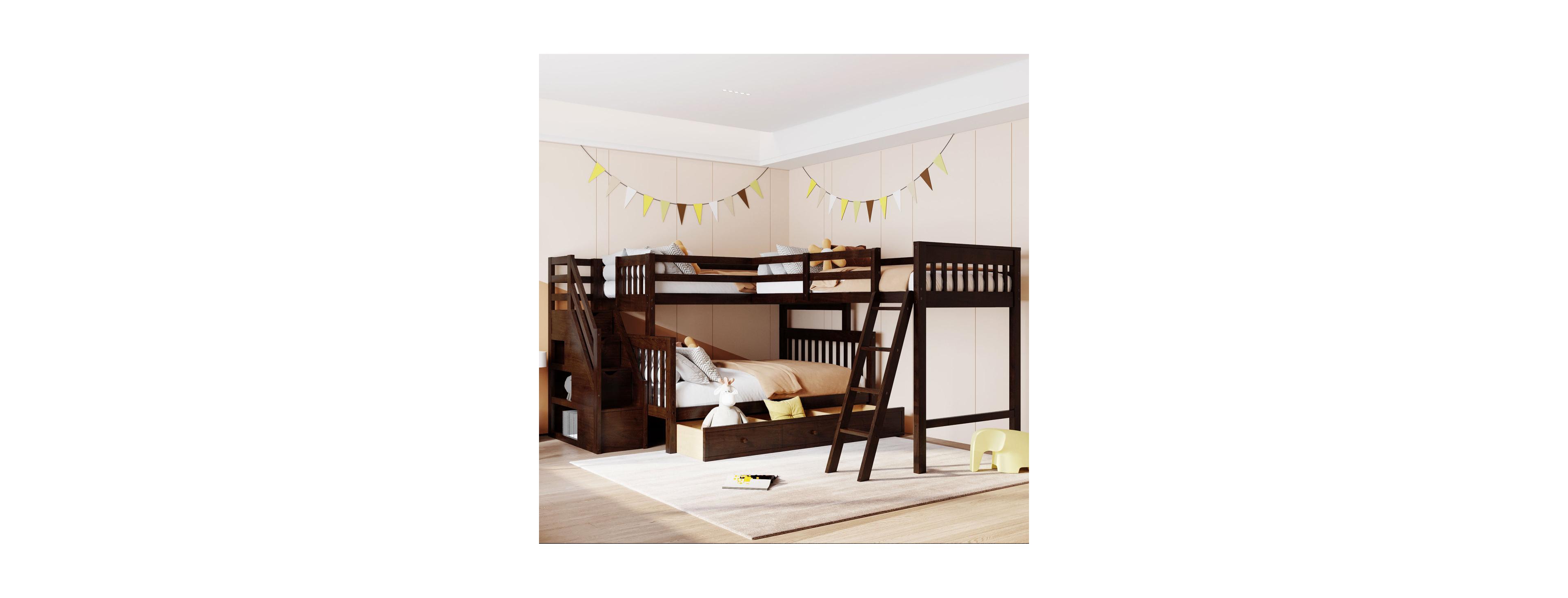 Streamdale Furniture Twin over Full L-Shaped Bunk Bed With 3 Drawers Ladder and Staircase