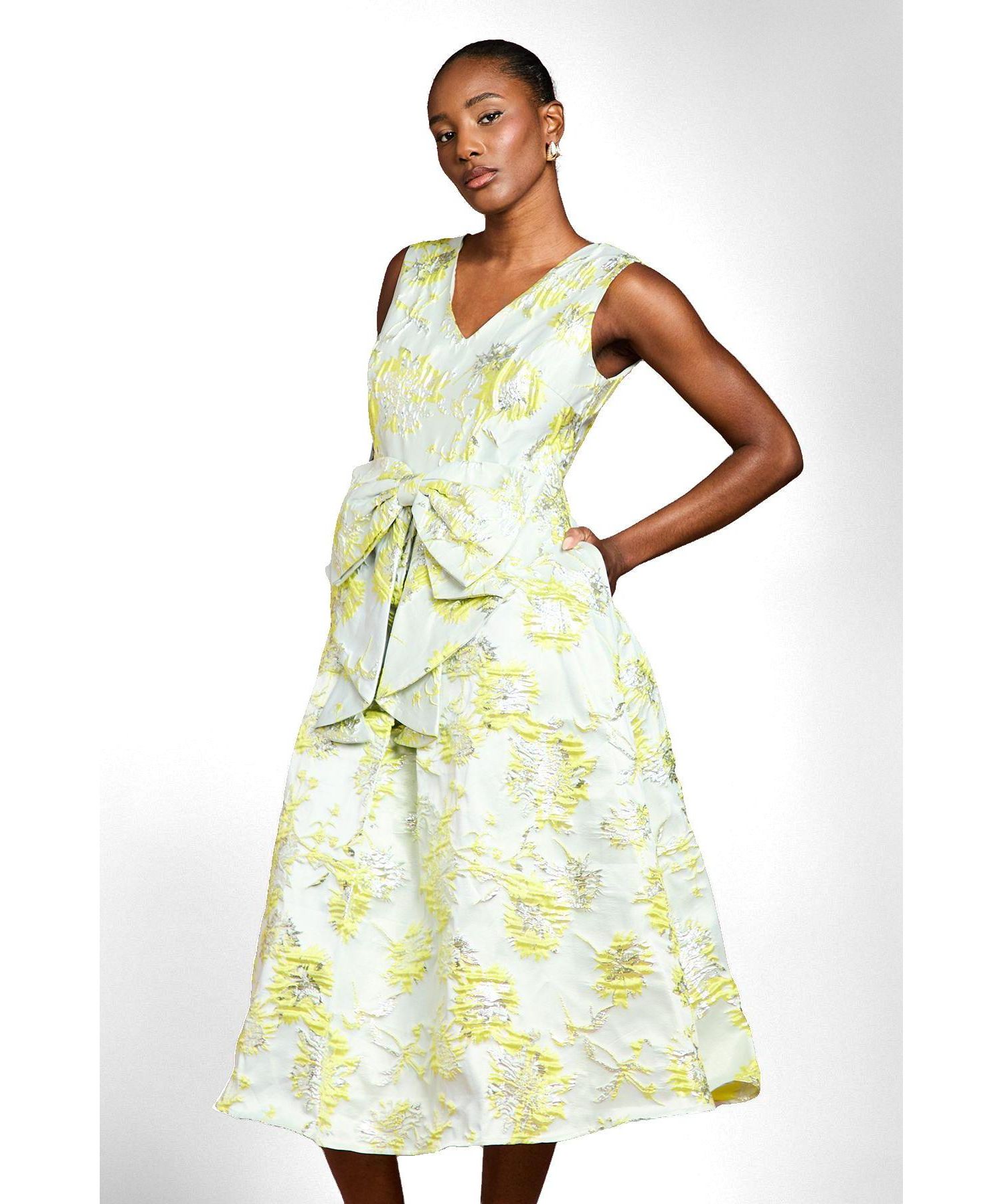 Women's V-Neck Bow Jacquard Midi Dress