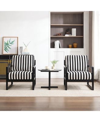 Mid-Century Modern Striped Fabric Lounge Chair with Wooden Frame