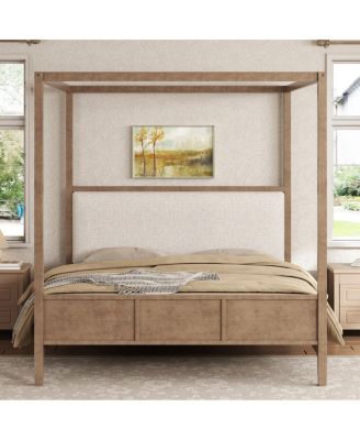 Wooden Canopy Platform Bed with Upholstered Headboard