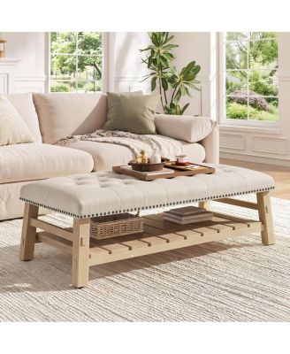 48'' Tufted Rectangle Ottoman Coffee Table with Storage Shelf and Nailhead Trim