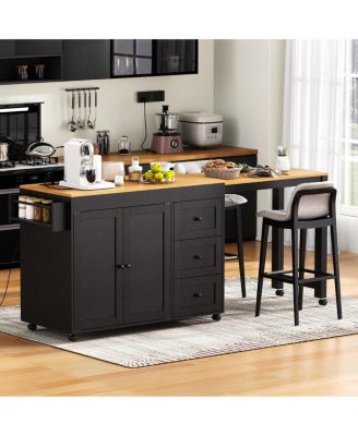74.8'' Extendable Kitchen Island with Storage Power Outlet and Rolling Wheels