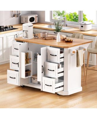 56'' Rolling Kitchen Island with Drop Leaf Power Outlet and 6 Drawers