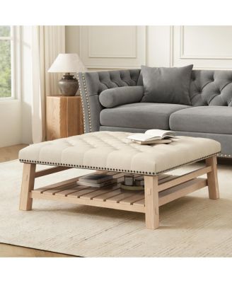 41.5'' Tufted Square Ottoman Coffee Table with Storage Shelf and Nailhead Trim