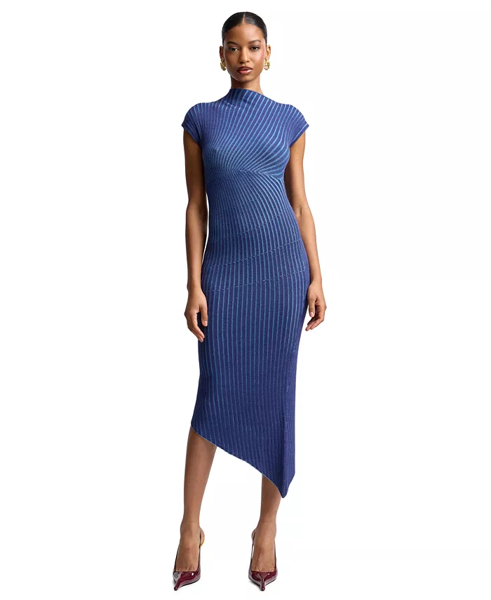 Women's Ribbed Sweater Asymmetric Midi Dress