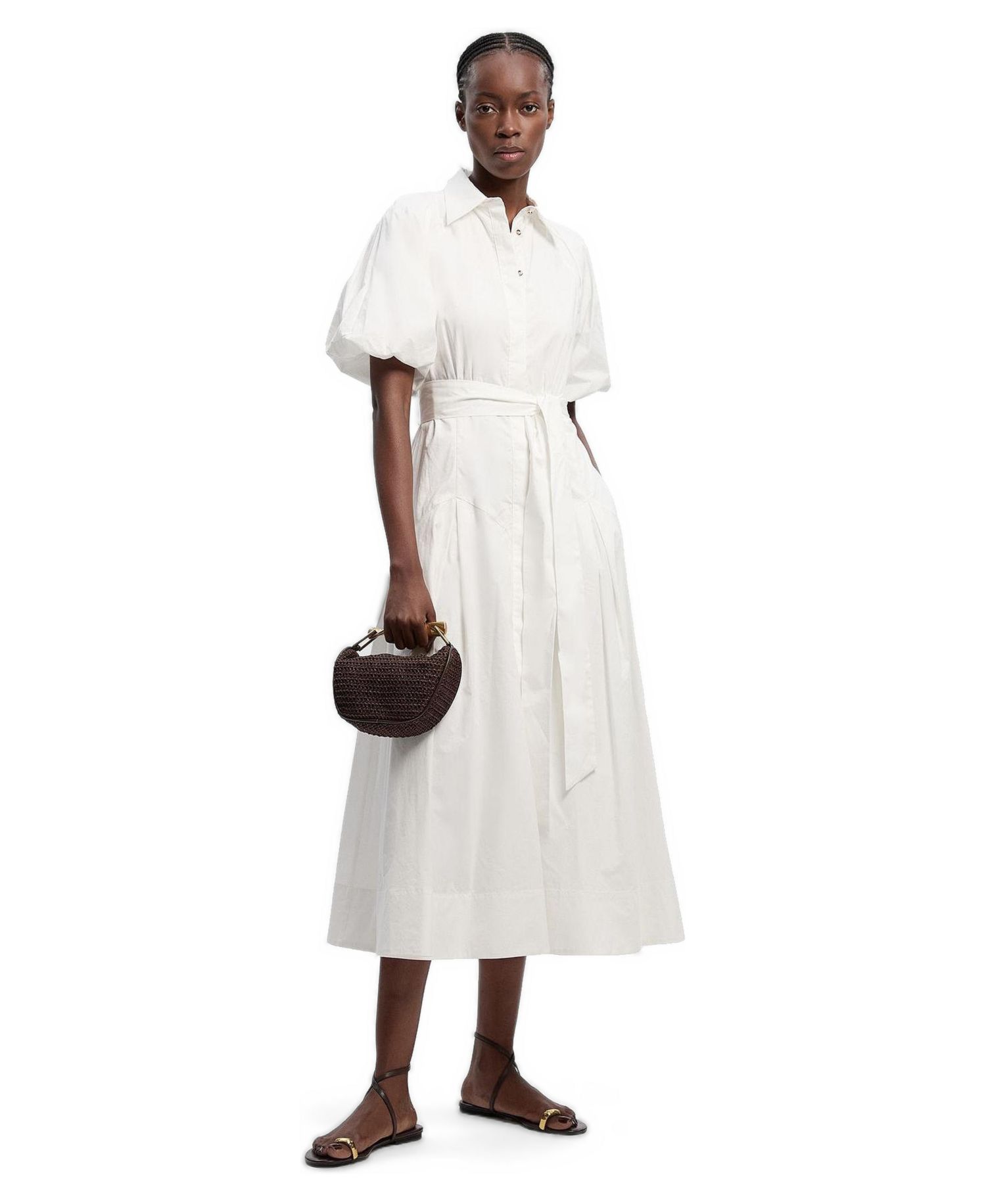 Women's Cotton Puff Sleeve Midi Shirt Dress