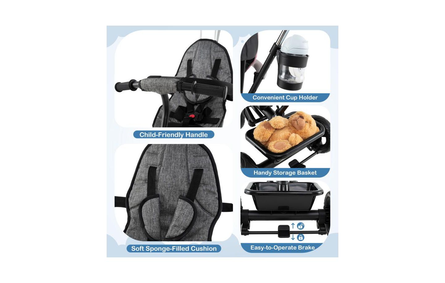 Детская игрушка Slickblue Foldable 7-in-1 Baby Tricycle Stroller with Adjustable Canopy, цвет: Серый / Чёрный — фото 8