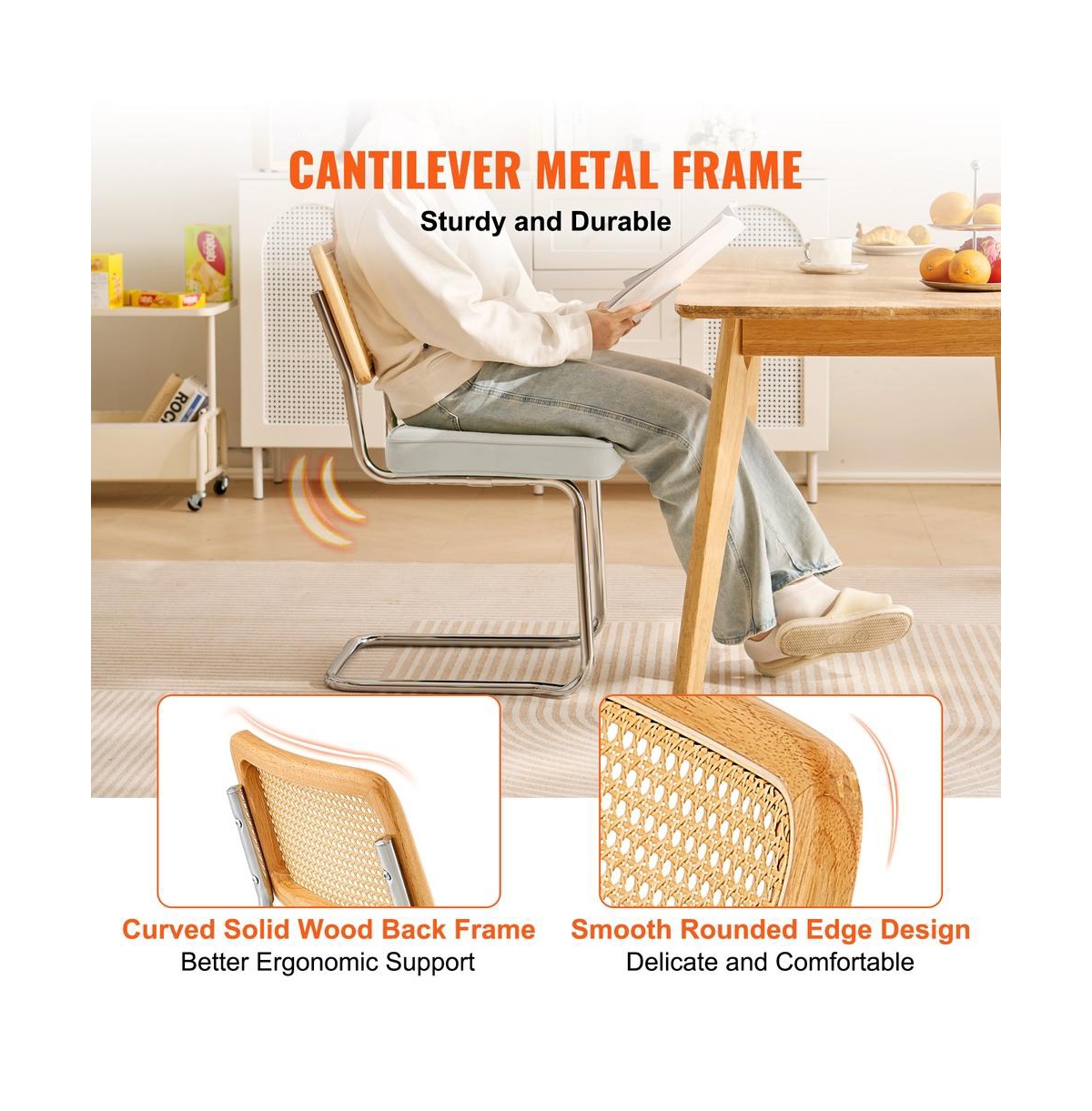 Sugift Mid Century Modern Rattan Dining Chairs Set of 2, Velvet Upholstered Seat with Woven Back