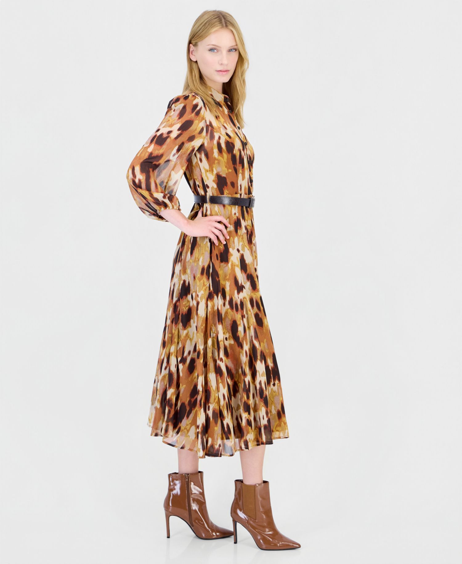 Women's Long-Sleeve Belted Midi Shirt Dress