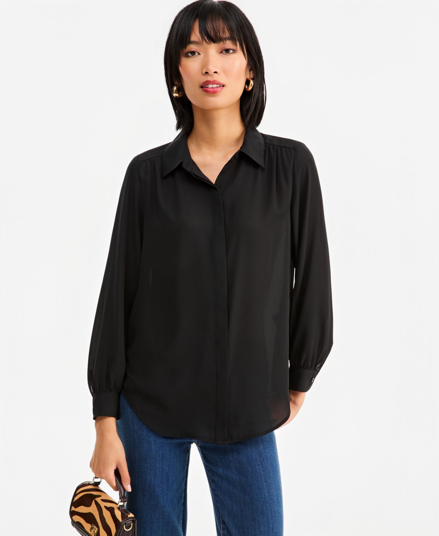 Женская блузка I.N.C. International Concepts Long-Sleeve Collared Button-Down Tunic Blouse, цвет: Глубокий чёрный — фото 1