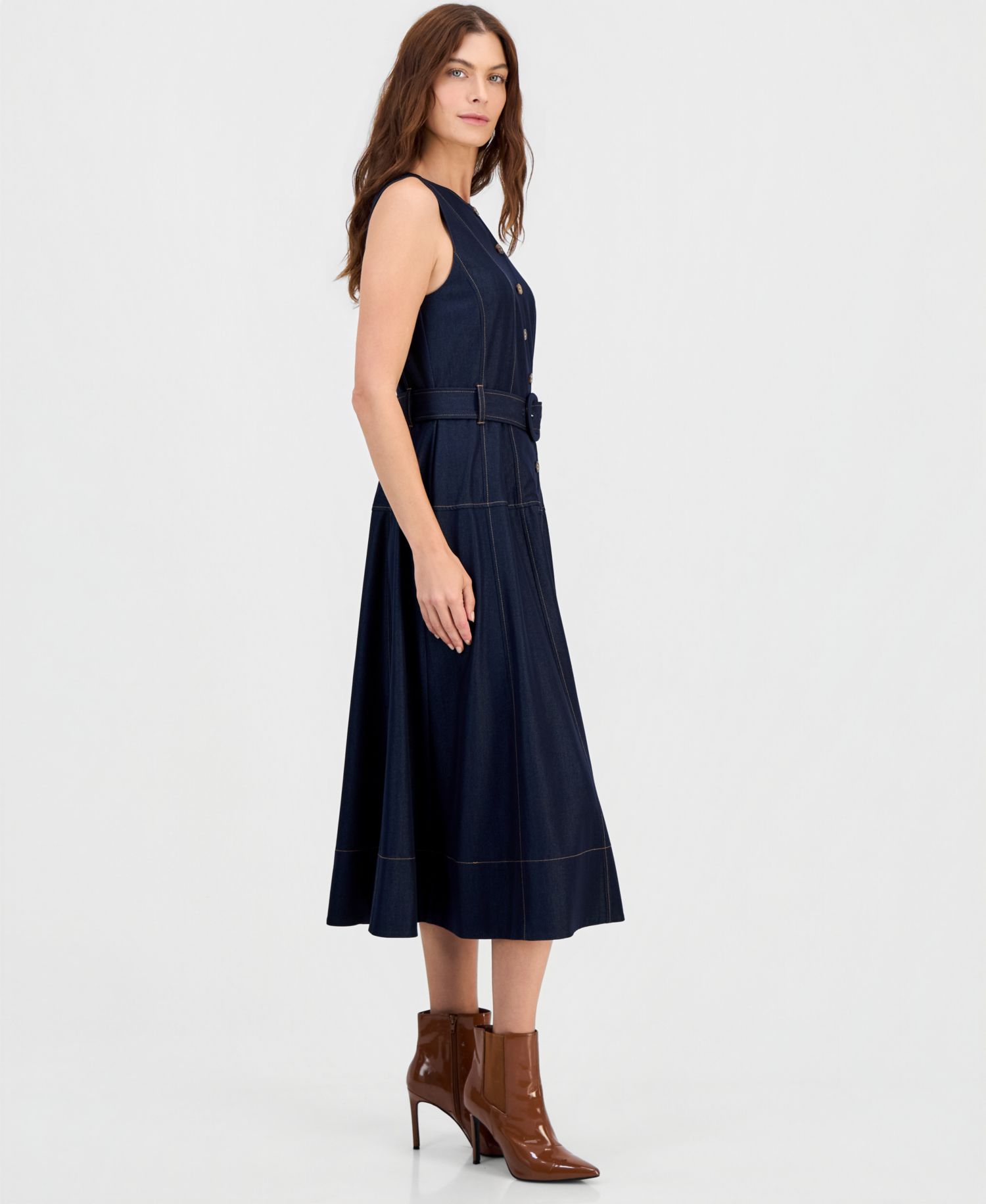 Women's Button-Front Belted Fit and Flare Midi Dress