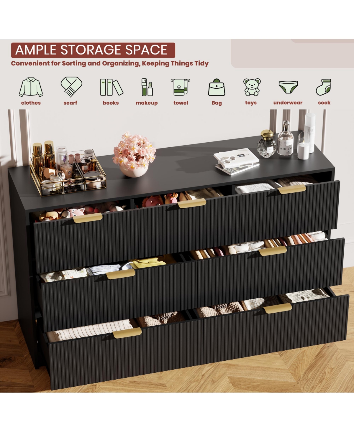 gaomon Fluted Drawers Dresser For Bedroom, Wide Modern Chest of with Metal Handles, Living Room, Entryway