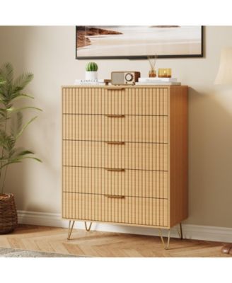 Fluted 5 Drawer Dresser with Metal Handles for Bedroom, Living Room, Hallway, and Closet Storage